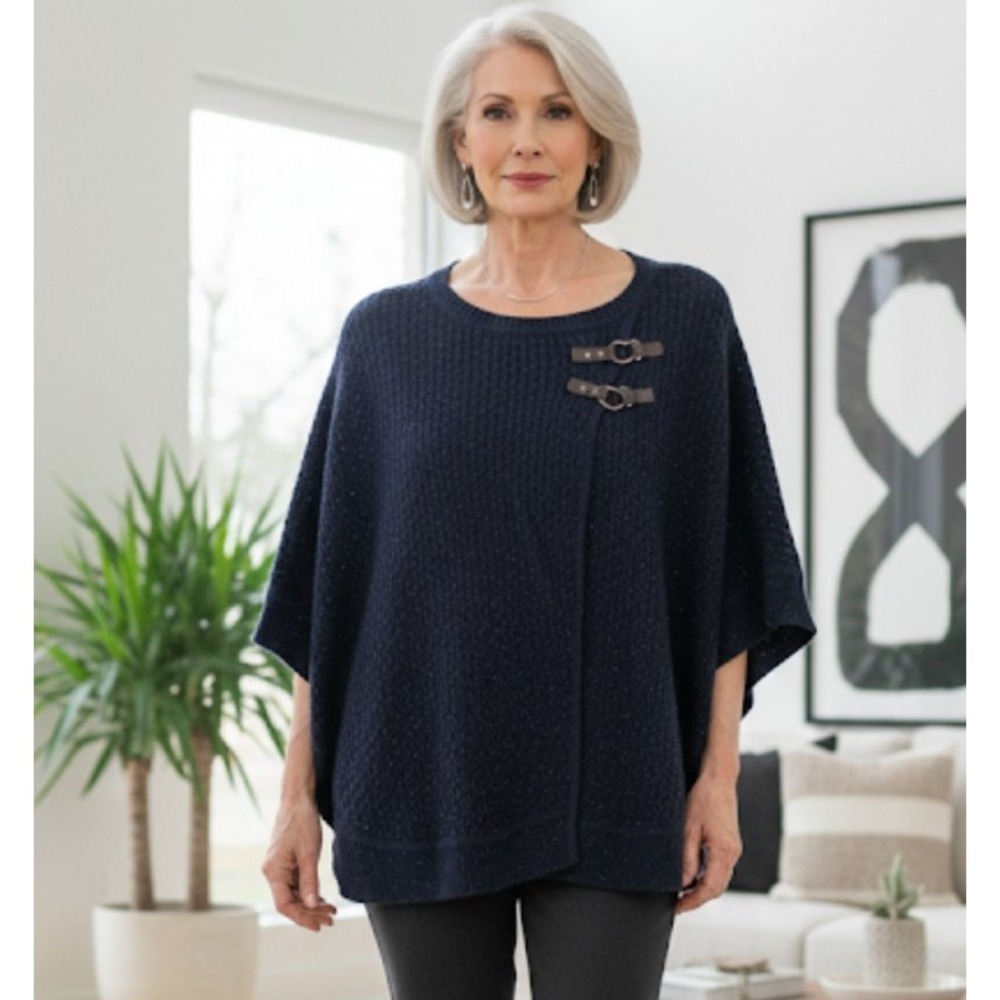 Talbots Women's Navy Blue Knit Cape Poncho Buckle Medium M Elegant Cotton Blend